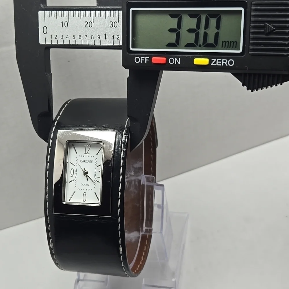 Womens Vintage Carriage Timex Black Leather Cuff Watch New Battery Silver Rare - Picture 5 of 11